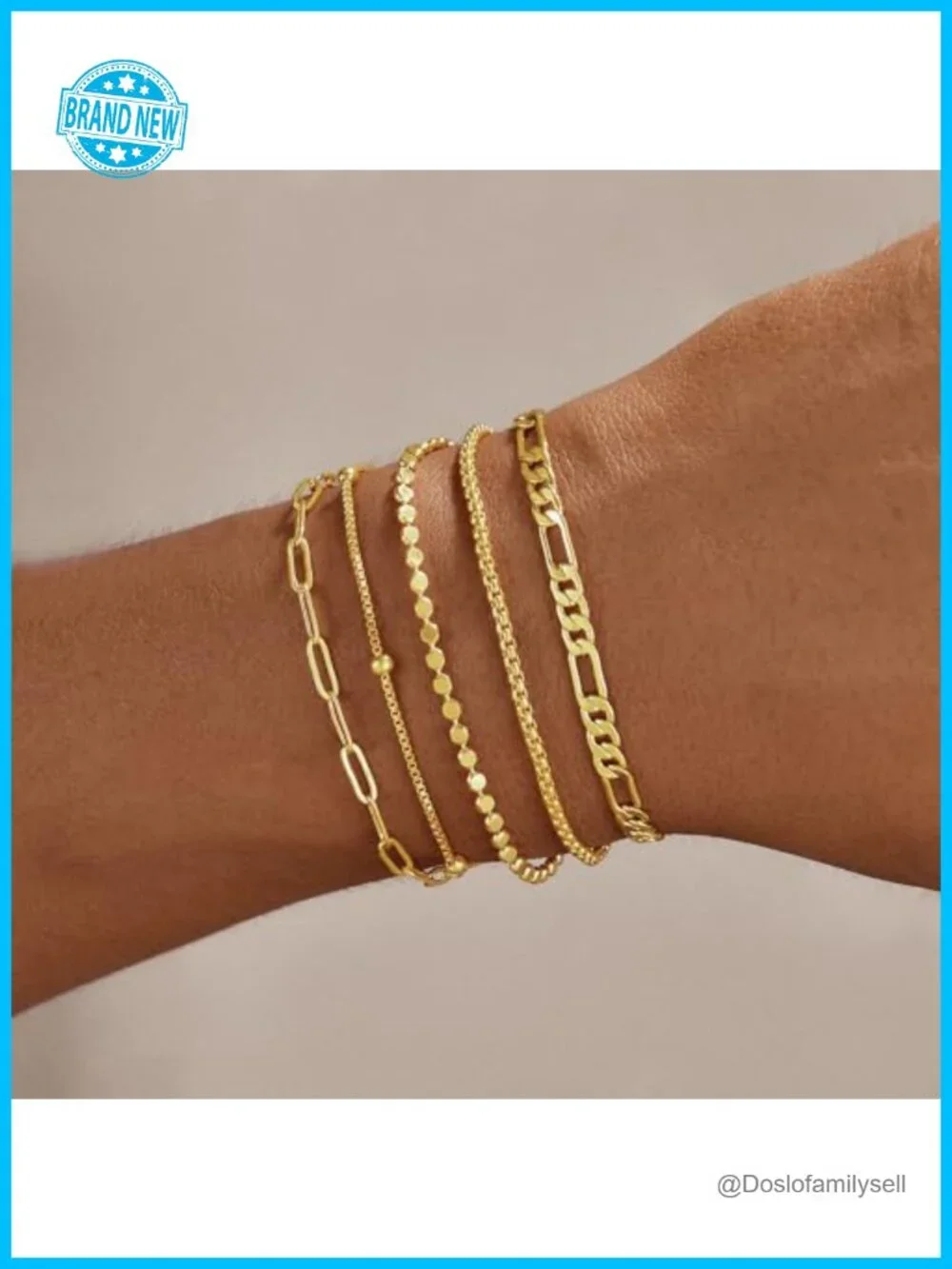 14K Gold Plated Stackable Bracelet Set 5 Piece Chain Adjustable Women